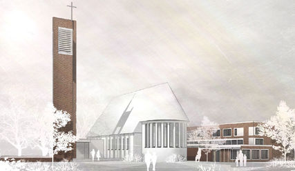 Die Pläne für den Kirchturm in Lurup: So könnte der neue Turm samt Kirche und Kita aussehen.  - © akyol kamps bbp architekten - Copyright: akyol kamps bbp architekten