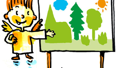skizzierter Engel vor einem Schild mit Kirche und Bäumen - Copyright: Grafik: Pfeffer