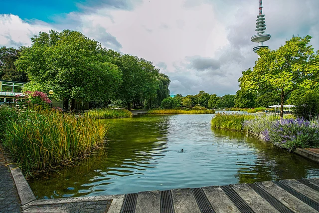 See in Planten und Blomen mit dem Fernsehturm im Hintergrund. 