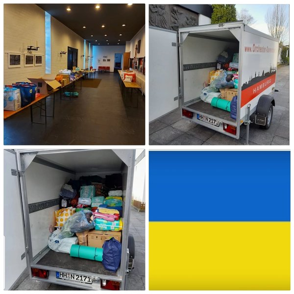 Collage: Spenden im Kirchvorraum, Orchester-Anhänger mit eingeladenen Spenden, ukrainische Flagge - Copyright: Holger Fisch