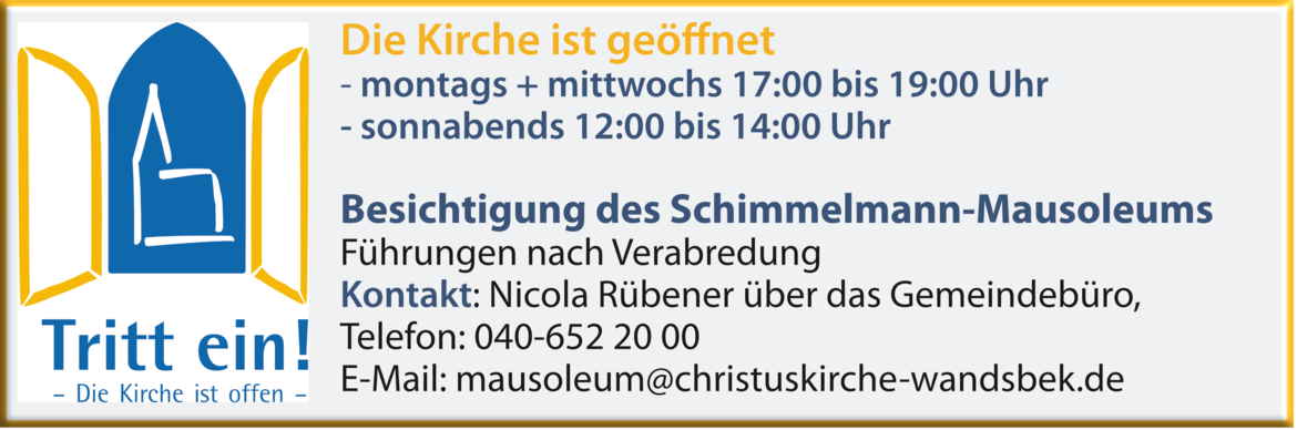 Text-Grafik Kirchen-Öffnungen und Besichtigungsmöglichkeit des Schimmelmann-Museums