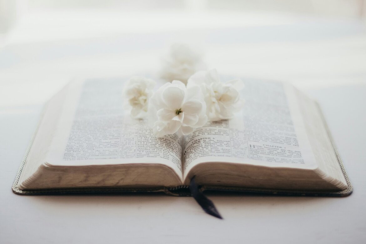 Eine aufgeschlagene Bibel und in der Mitte liegen weiße Blumen.