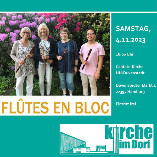 Ein Konzertplakat und die vier Blockflötisten - Copyright: Anja Micheely und Peter Fahr