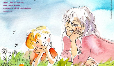 Illustration einer Großmutter mit ihrem Enkelkind auf einer Blumenwiese liegend   - Copyright: Susanne Knötzele