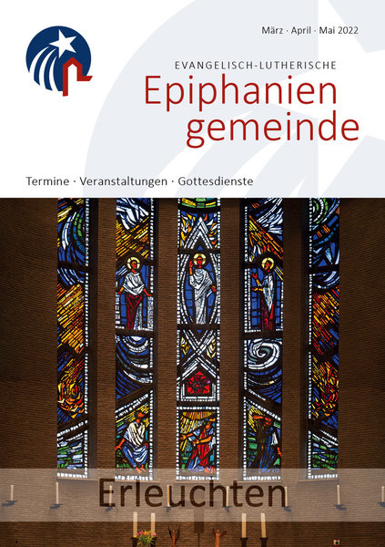 Epiphaniengemeinde Hamburg, Gemeindebrief 72, Cover, Kirchenfenster, Headline Erleuchten - Copyright: Marja Reher, mare grafikdesign