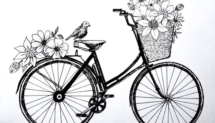 Zeichnung eines Fahrrads, mit Blumen geschmückt - Copyright: Pinterest