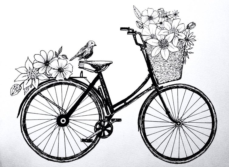 Zeichnung eines Fahrrads, mit Blumen geschmückt
