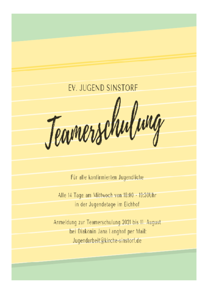 Flyer mit Info zur Teamerschulung 2021 - Copyright: erstellt mit Canva von J. Langhof