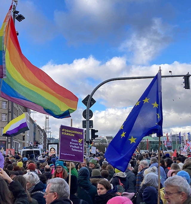 Menschenmenge und Fahnen bei einer Demonstration in Hamburg für Demokratie.