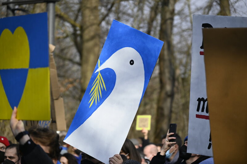 Friedensdemo für die Ukraine mit einem Plakat einer Friedenstaube