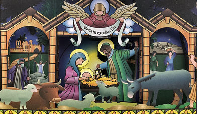  Eine 3D-Klappkarte, die den Stall von Bethlehem mit Maria, Josef, Jesus und den Tieren zeigt - Copyright: Carmen Mühlhause