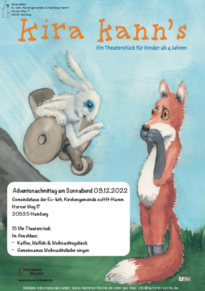 Plakat zum Theaterstück Kira kanns mit Zeichnung Hase und Fuchs
