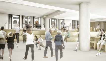 Blick in den neuen Lounge-Bereich der Rathauspassage. So soll es nach dem Umbau aussehen. - Copyright: © me di um Architekten Roloff · Ruffing + Partner