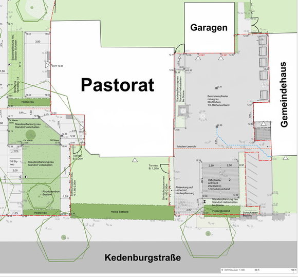 Grundriss der Außenanlage des Pastorats und Gemeindehauses