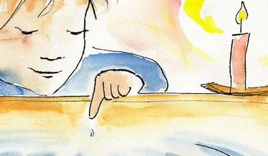Illustration von einem Jungen am Taufbecken, der seinen Finger ins Taufbecken hält  - Copyright: Susanne Knötzele