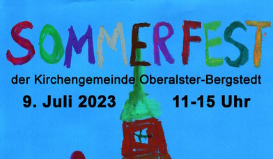 Kirchturm mit Einladung zum Sommerfest - Copyright: Kirchengemeinde Oberalster-Bergstedt