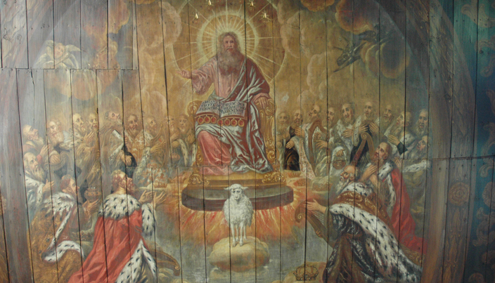 Gott Vater und das Buch mit den sieben Siegeln – Deckengemälde der Hl. Dreikönigskirche