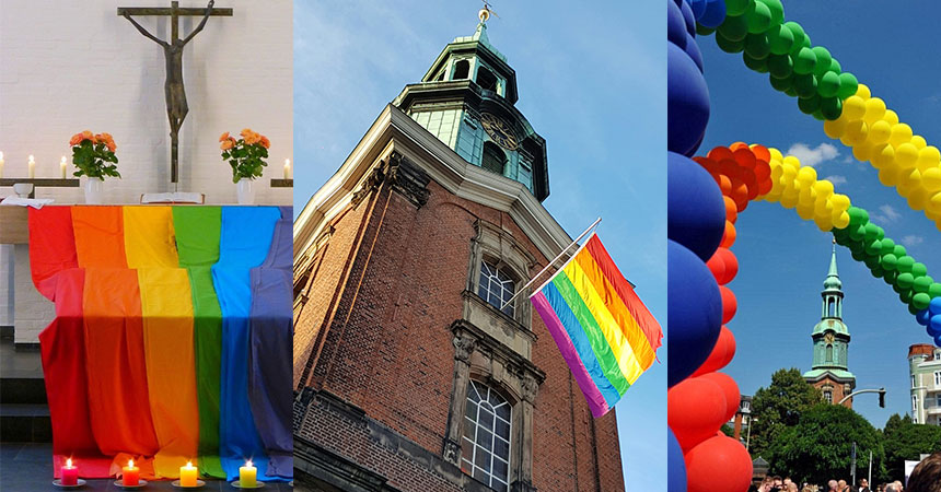 Altar mit Pride-Flagge, St.-Geogs-Kirche mit Flagge und bunte Ballons auf dem Christopher-Street-Day. 